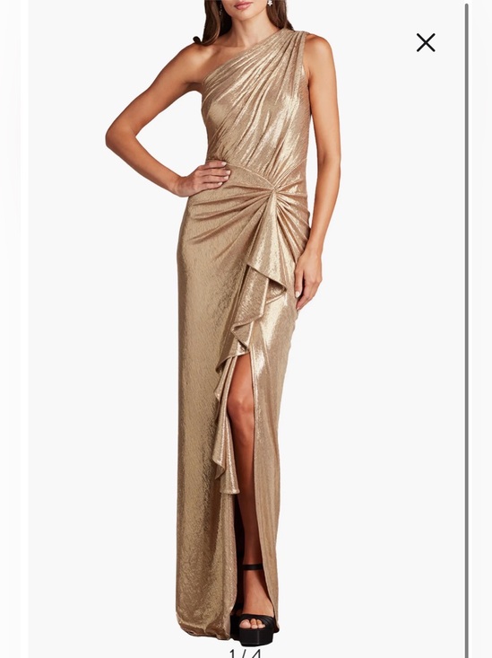 Tadashi Shoji Dresses & Skirts - NWOT- Tadashi Shoji Foil Ruffle One-Shoulder Gown, Gold Dust, size Medium